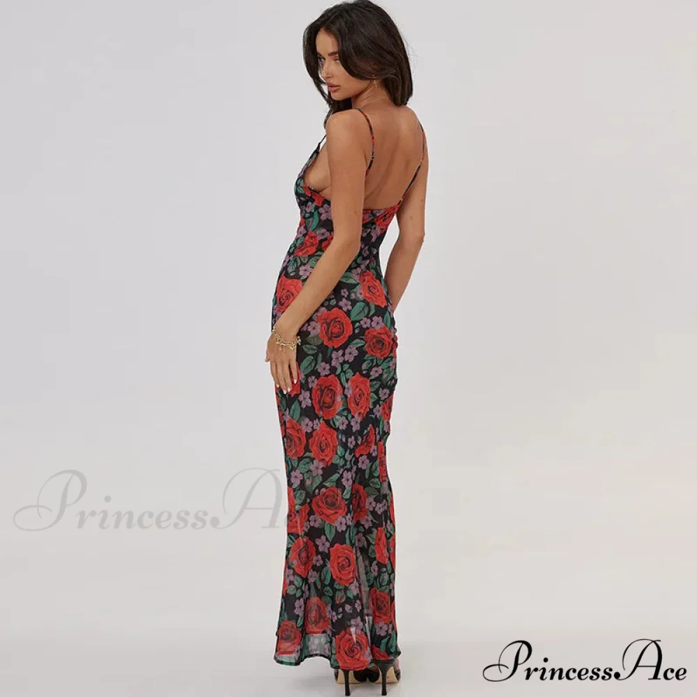 Flower Print Mesh Charming Slip Maxi Dress - Image 5