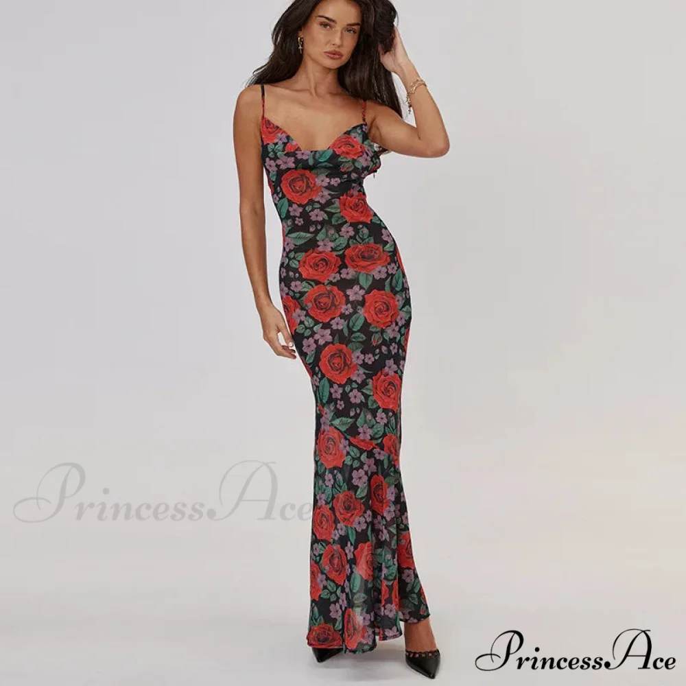 Flower Print Mesh Charming Slip Maxi Dress - Image 7