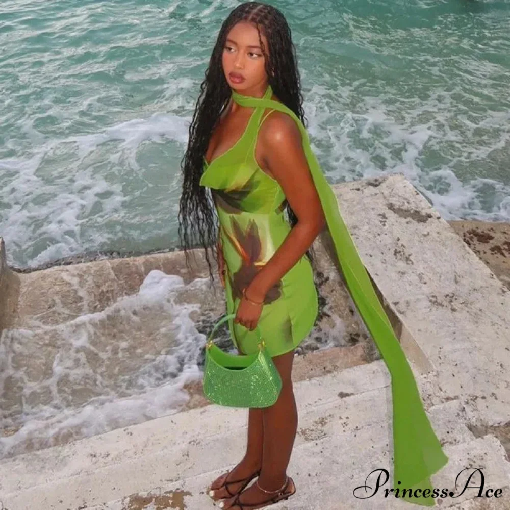 Green Mesh Printed Charming Draped Mini Dress - Image 10
