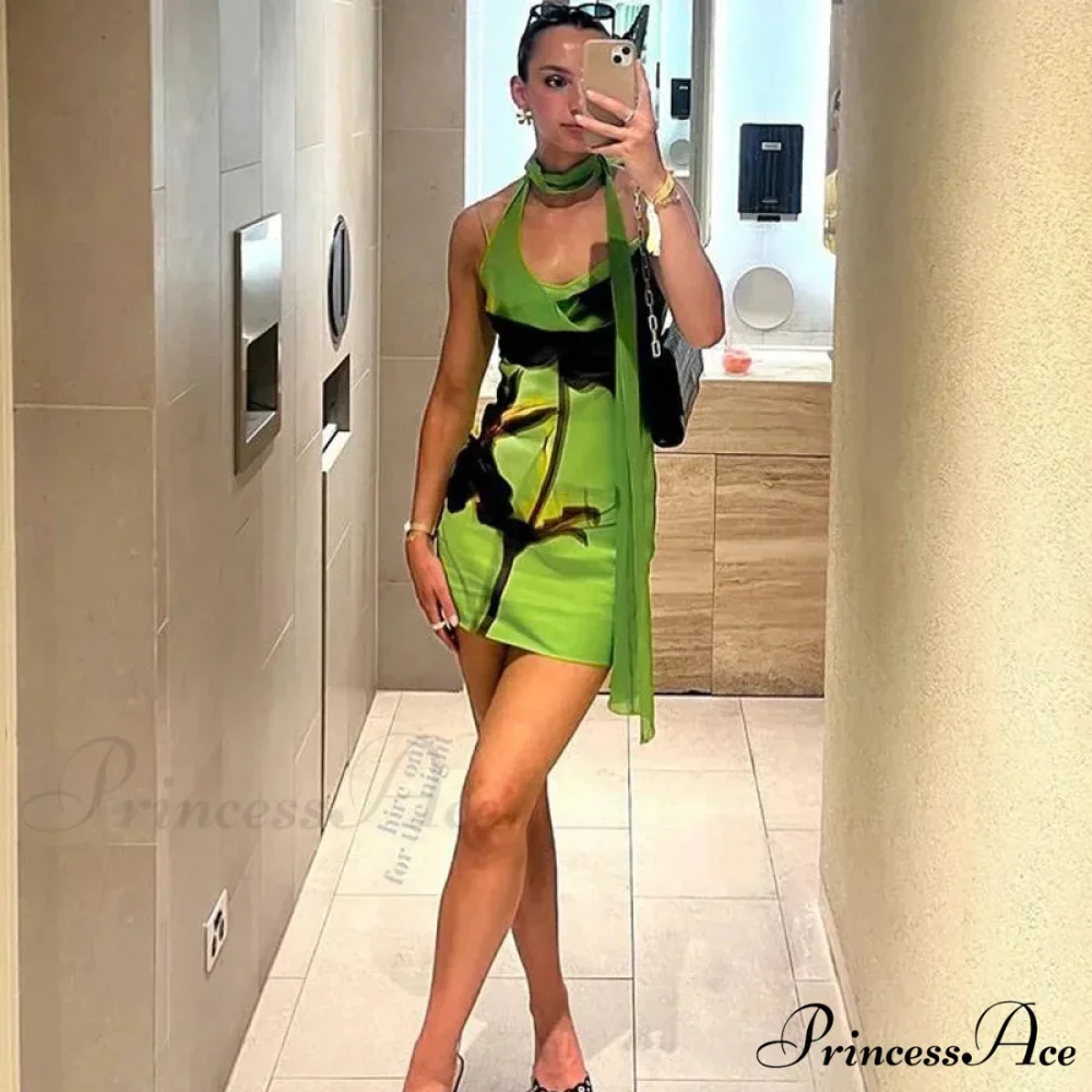 Green Mesh Printed Charming Draped Mini Dress - Image 11