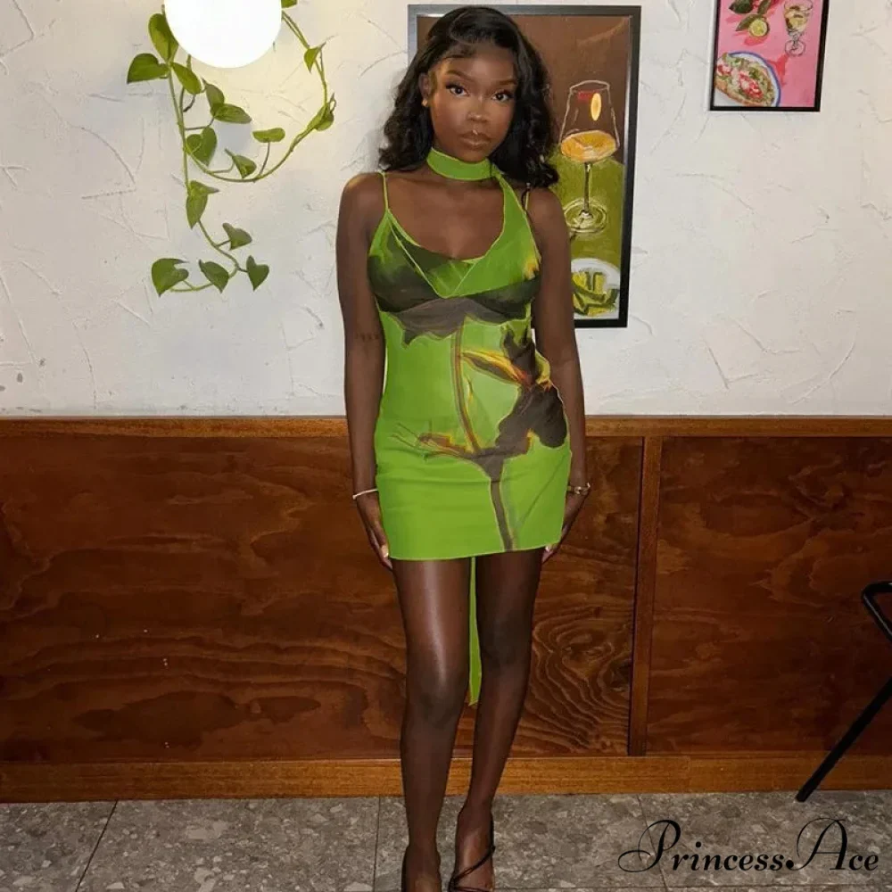 Green Mesh Printed Charming Draped Mini Dress - Image 12