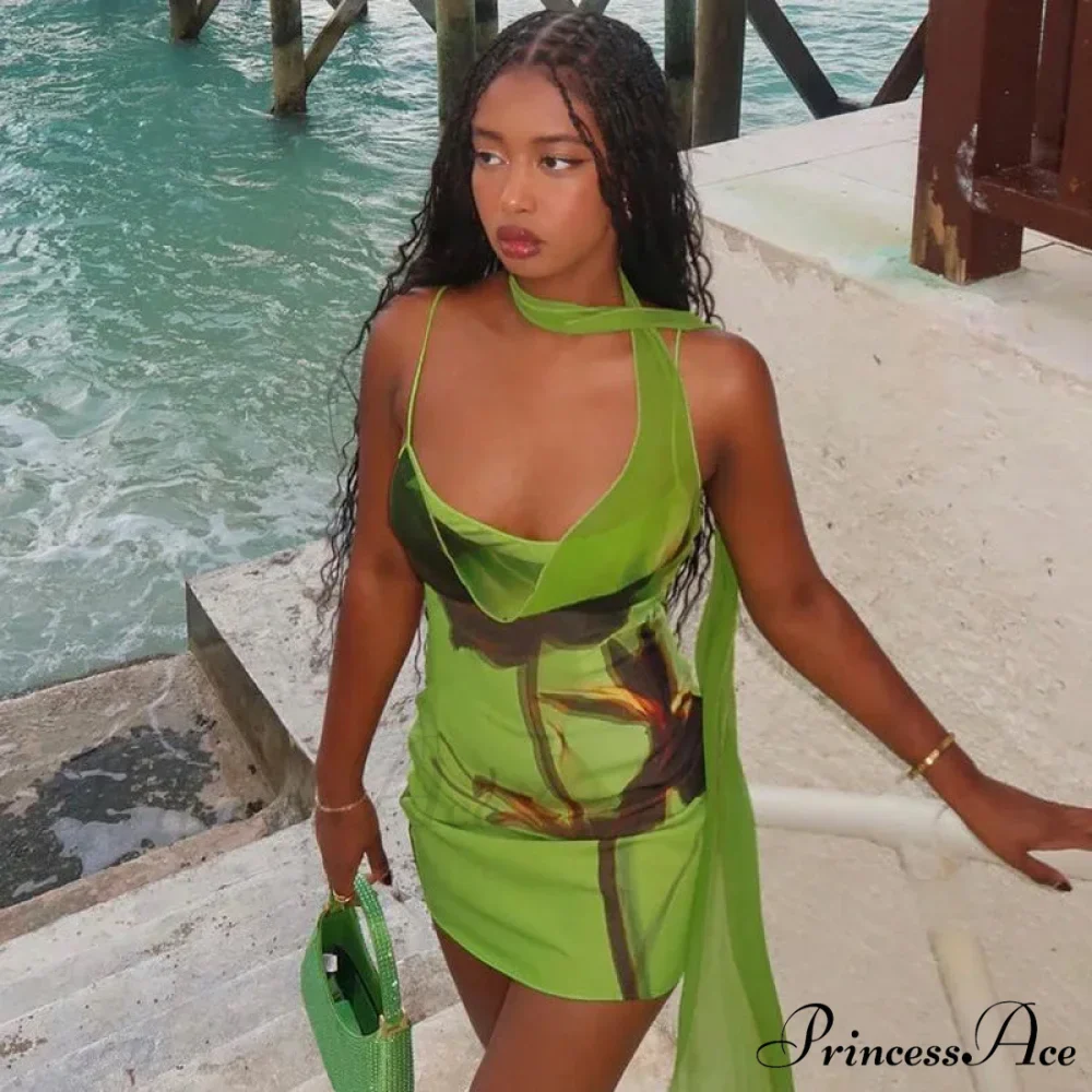 Green Mesh Printed Charming Draped Mini Dress - Image 13