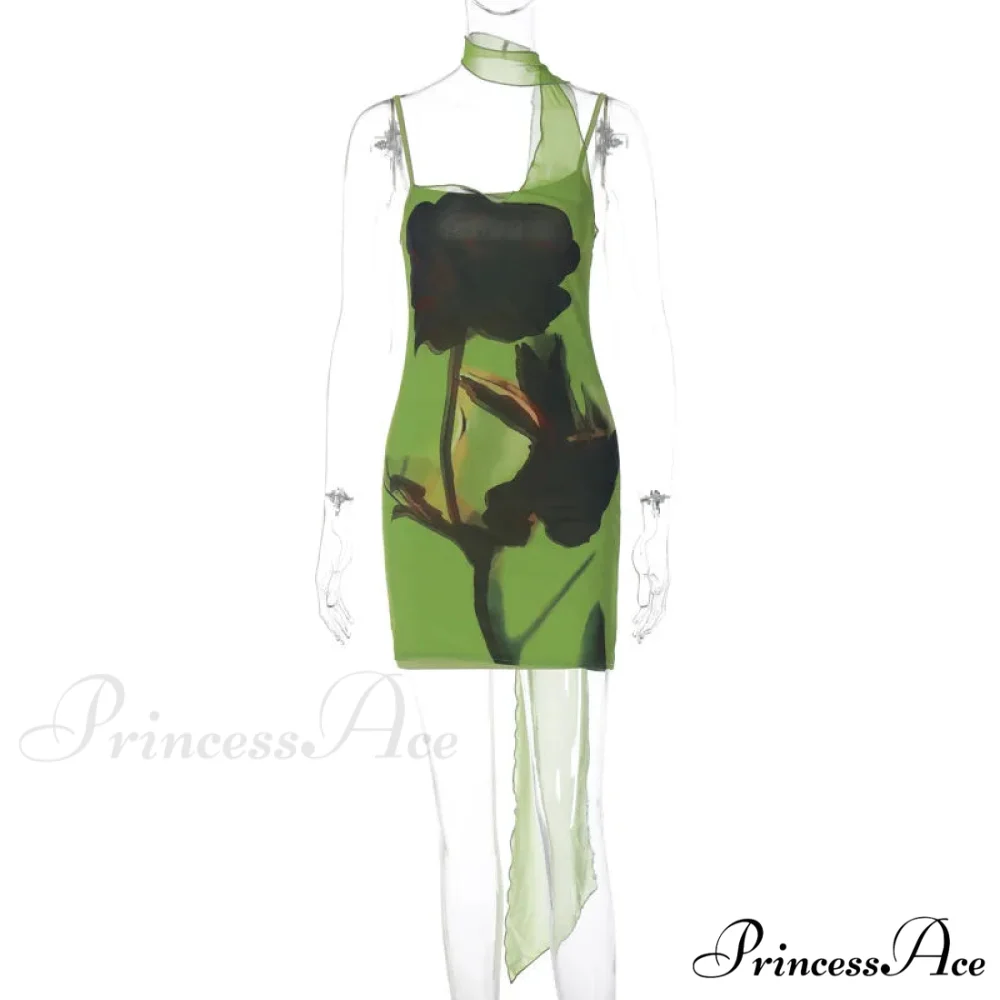 Green Mesh Printed Charming Draped Mini Dress - Image 15