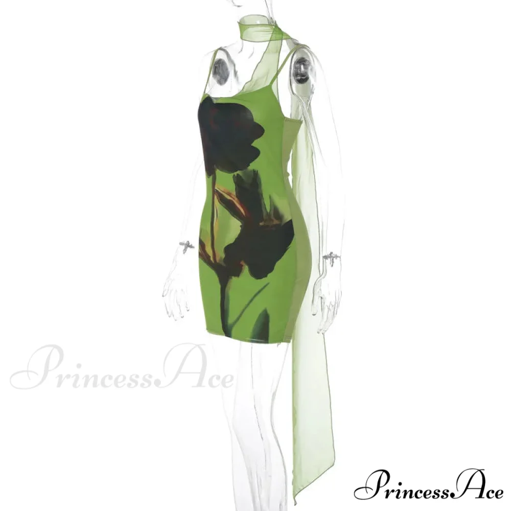 Green Mesh Printed Charming Draped Mini Dress - Image 16