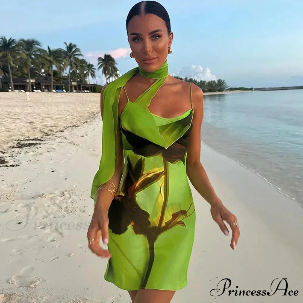 Green Mesh Printed Charming Draped Mini Dress - Image 3