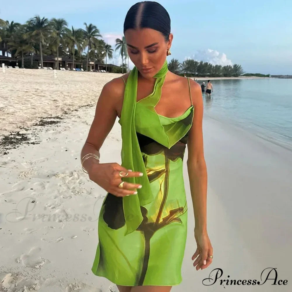 Green Mesh Printed Charming Draped Mini Dress - Image 4