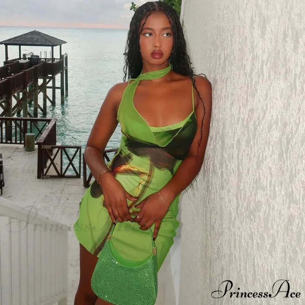 Green Mesh Printed Charming Draped Mini Dress - Image 6