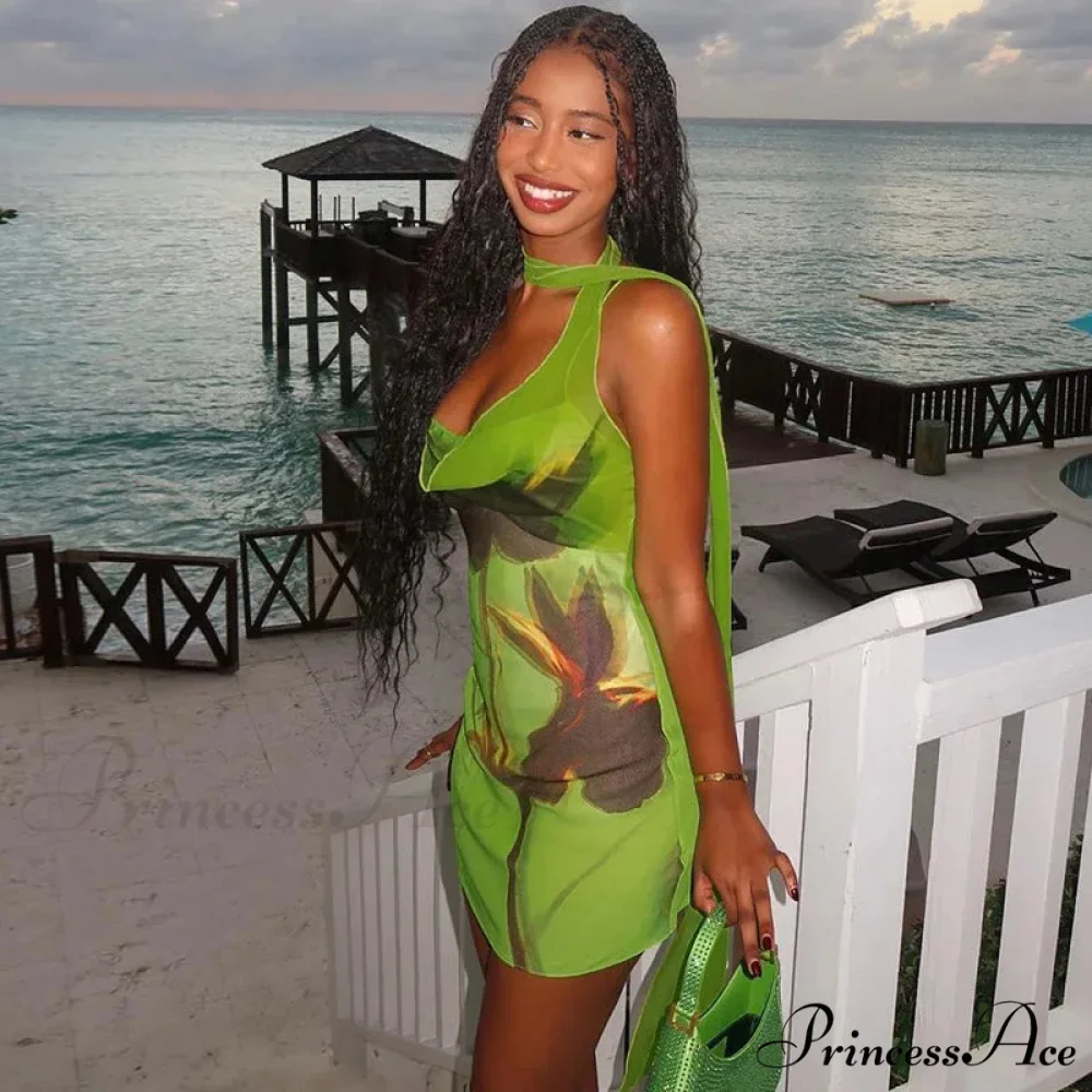 Green Mesh Printed Charming Draped Mini Dress - Image 7