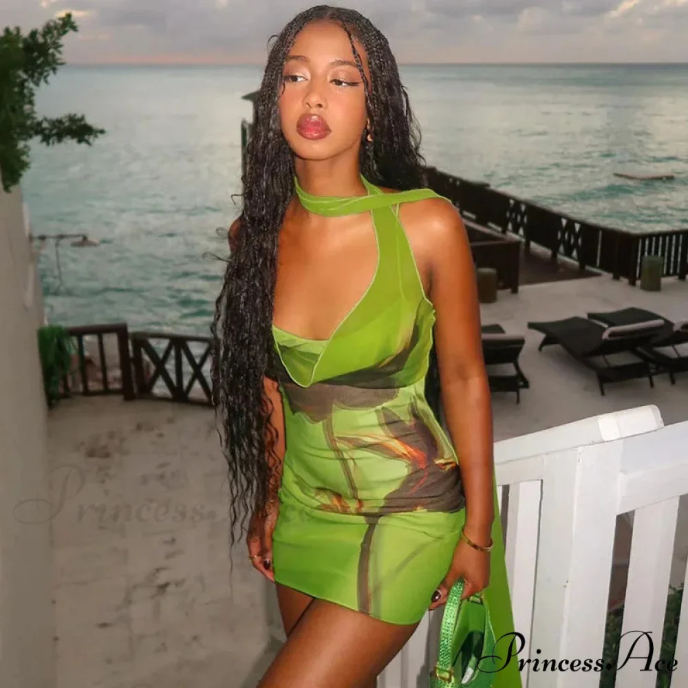 Green Mesh Printed Charming Draped Mini Dress - Image 8