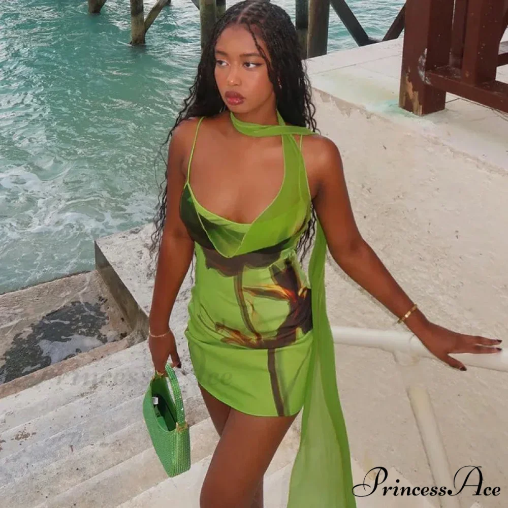 Green Mesh Printed Charming Draped Mini Dress - Image 9