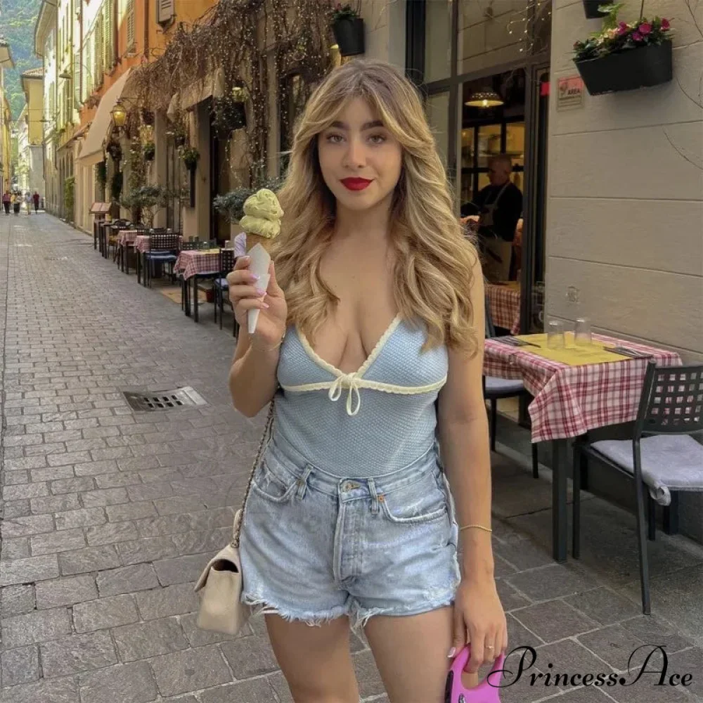 Deep V-Neck Stylish White Seam Top - Image 23
