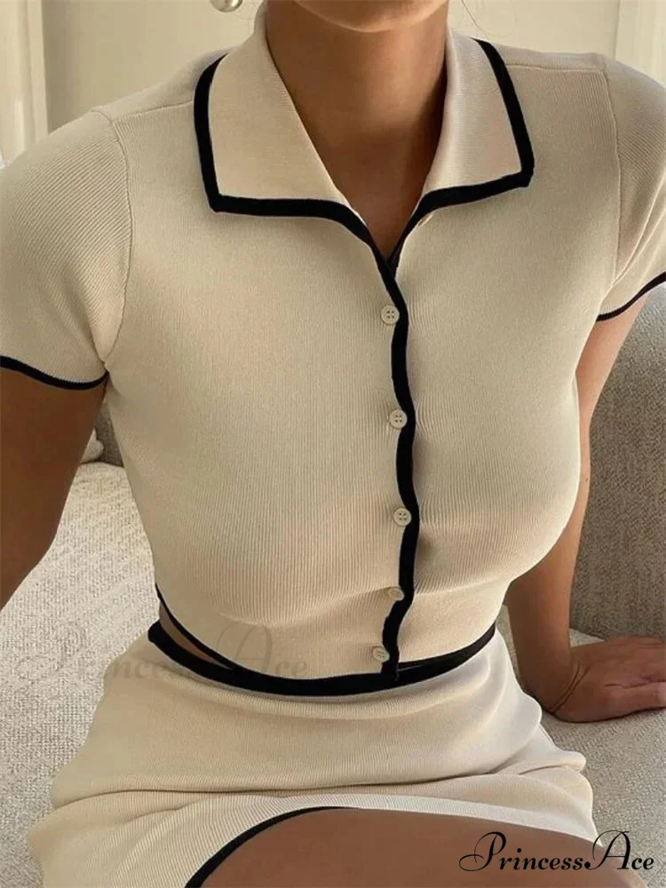 Ribbed Black Trim Beige Crop Trendy Top And Mini Skirt Set - Image 4