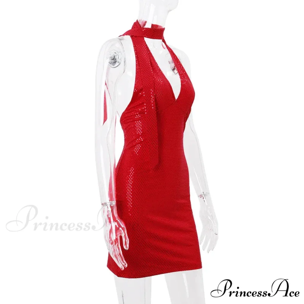 Red Sequin Deep V-neck Graceful Halter Bandage Mini Dress - Image 7