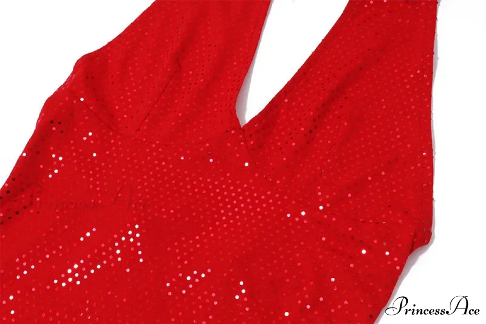 Red Sequin Deep V-neck Graceful Halter Bandage Mini Dress - Image 9