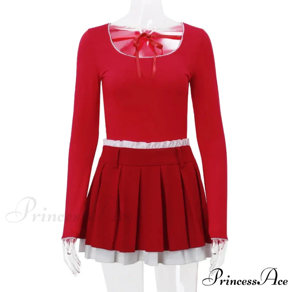 Red Long Sleeve Top Graceful And Pleated Mini Skirt Set - Image 6