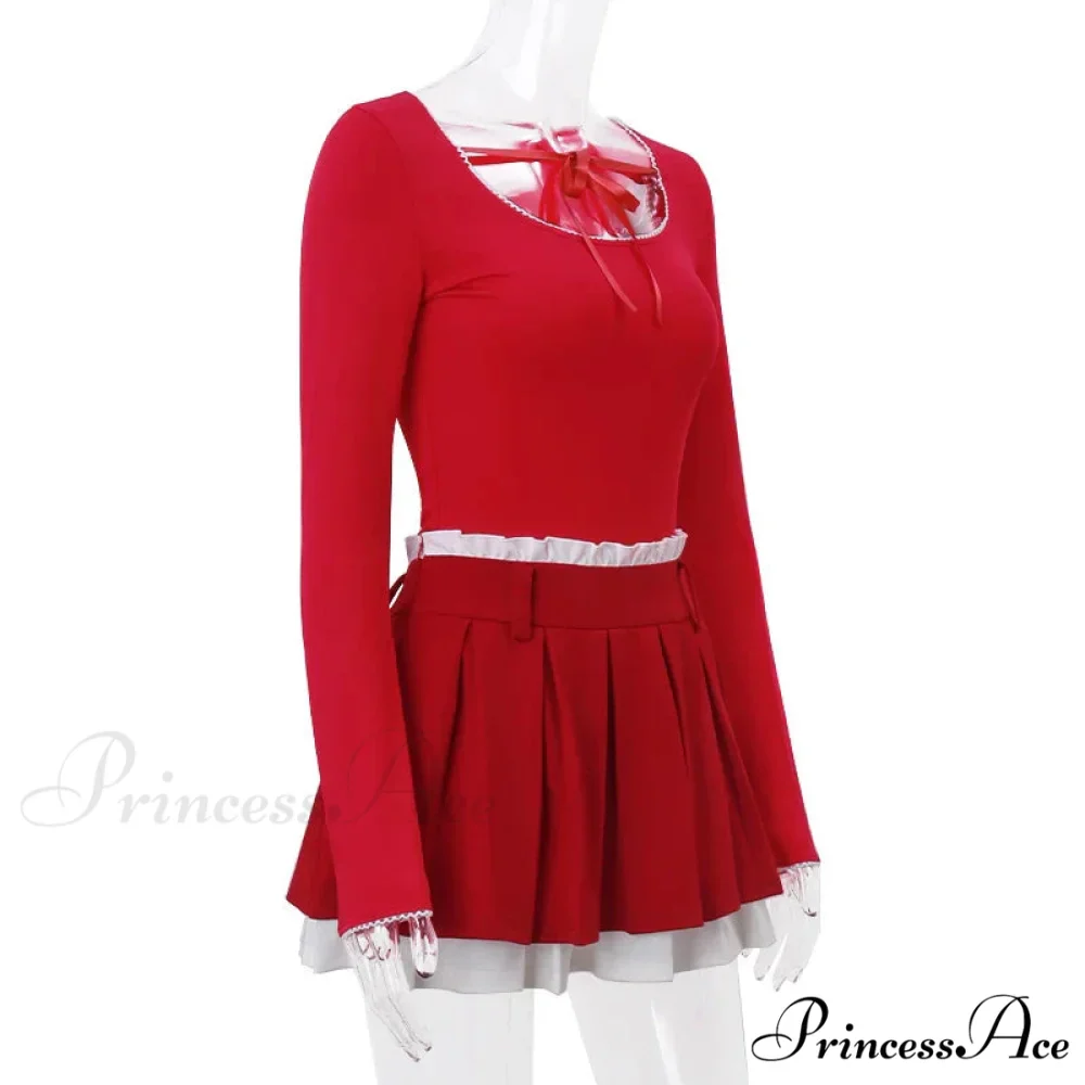 Red Long Sleeve Top Graceful And Pleated Mini Skirt Set - Image 7
