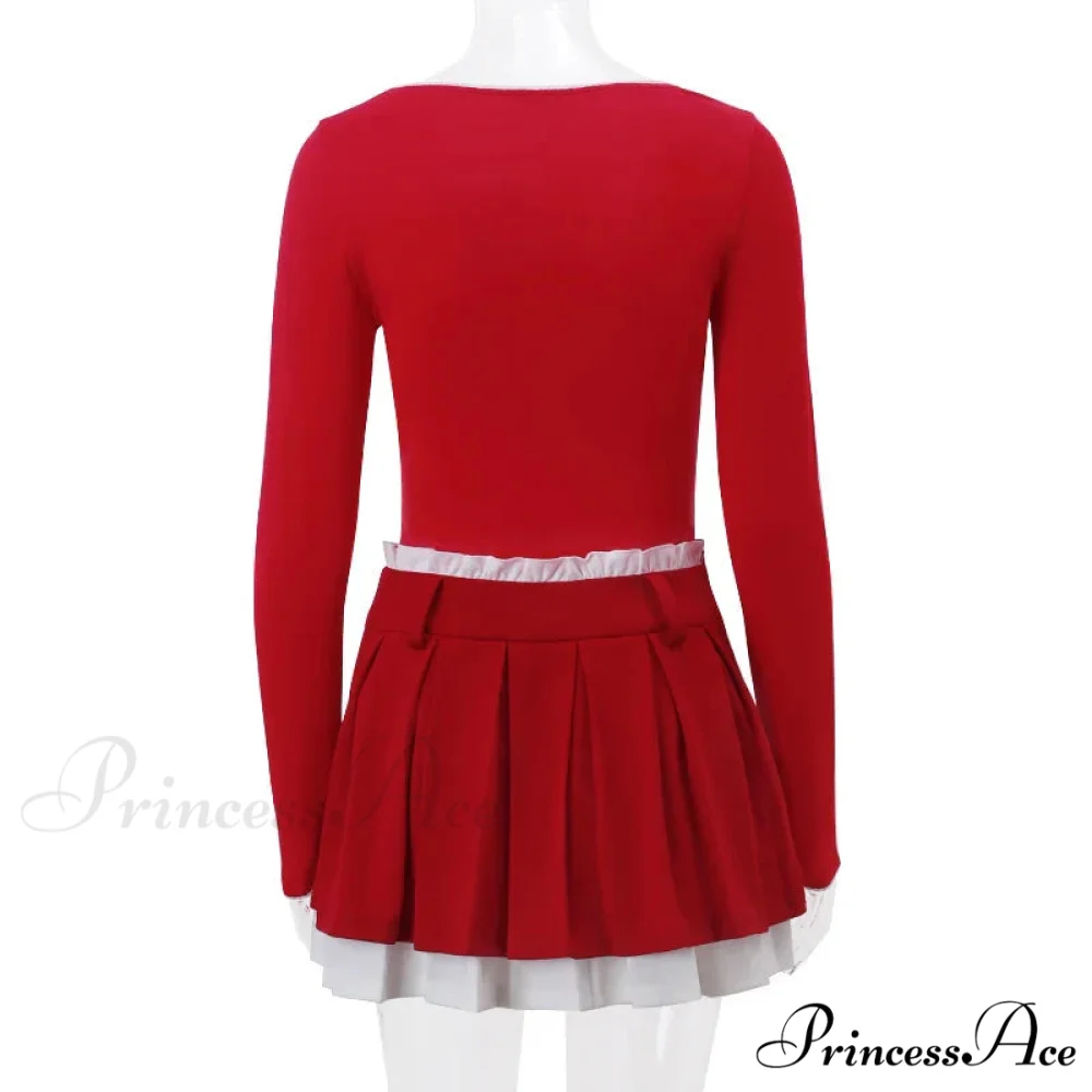 Red Long Sleeve Top Graceful And Pleated Mini Skirt Set - Image 8