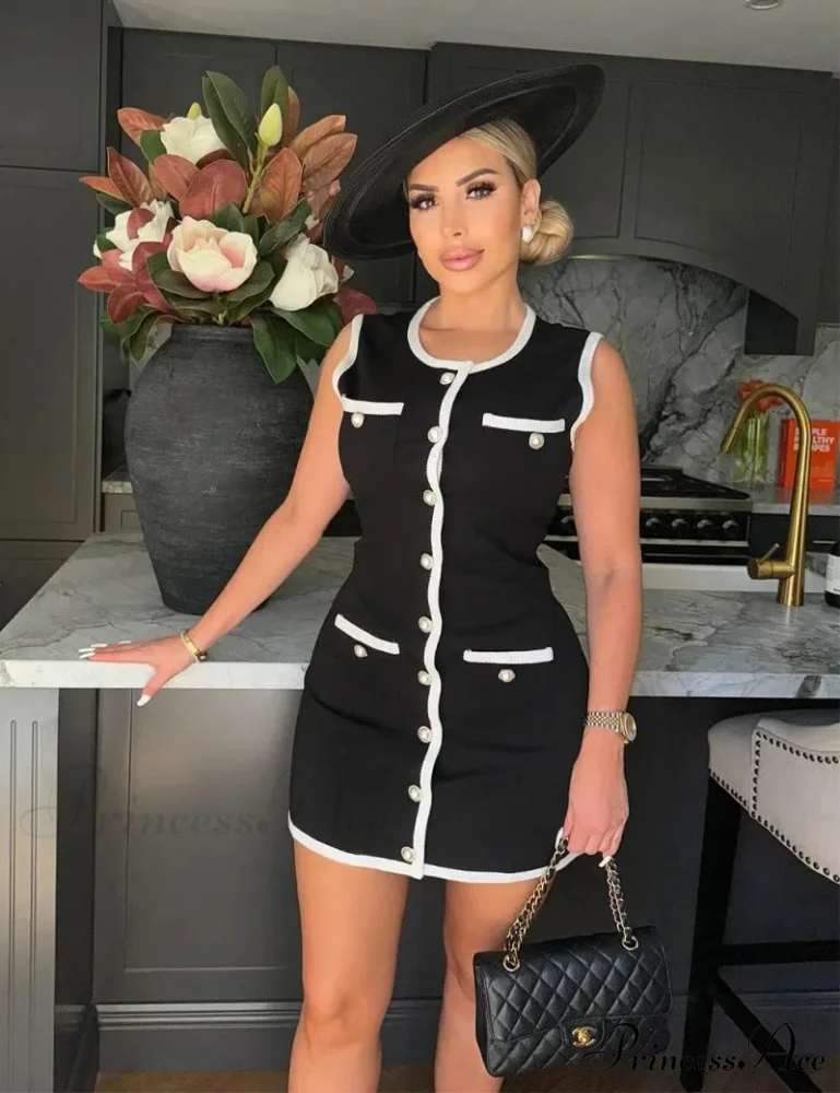 Black Sleeveless Contrast Charming Buttoned Mini Dress - Image 15