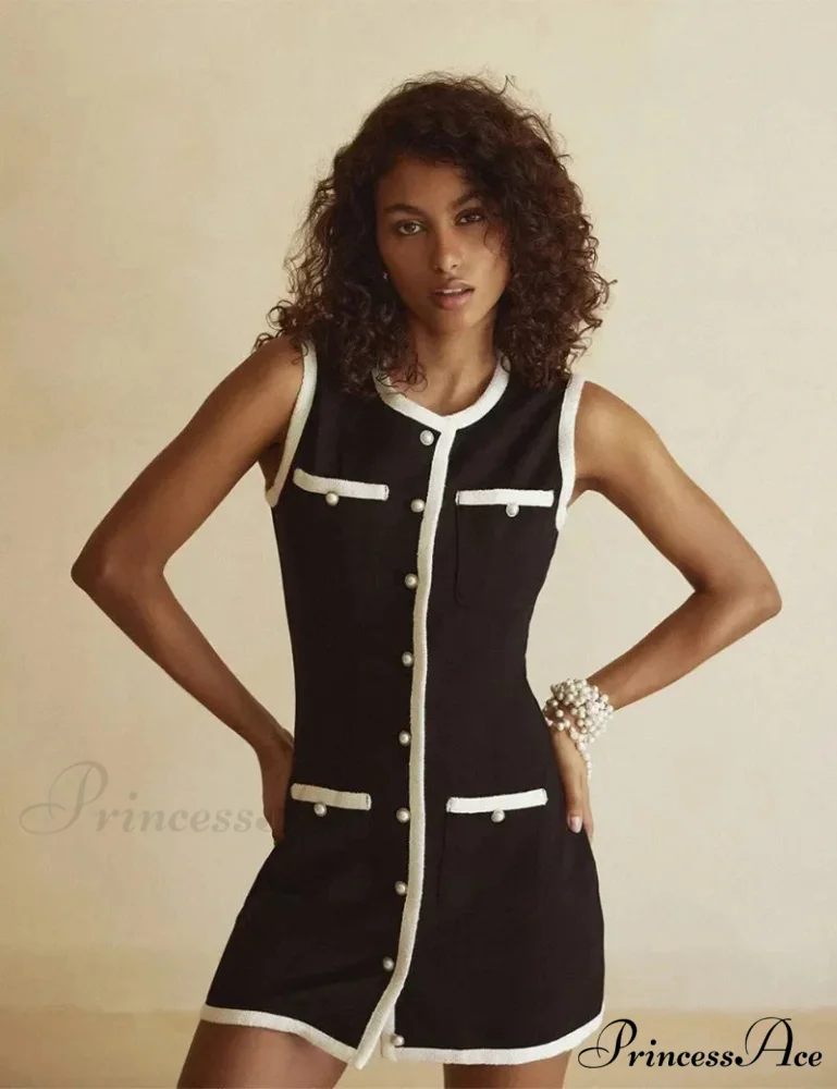 Black Sleeveless Contrast Charming Buttoned Mini Dress - Image 17