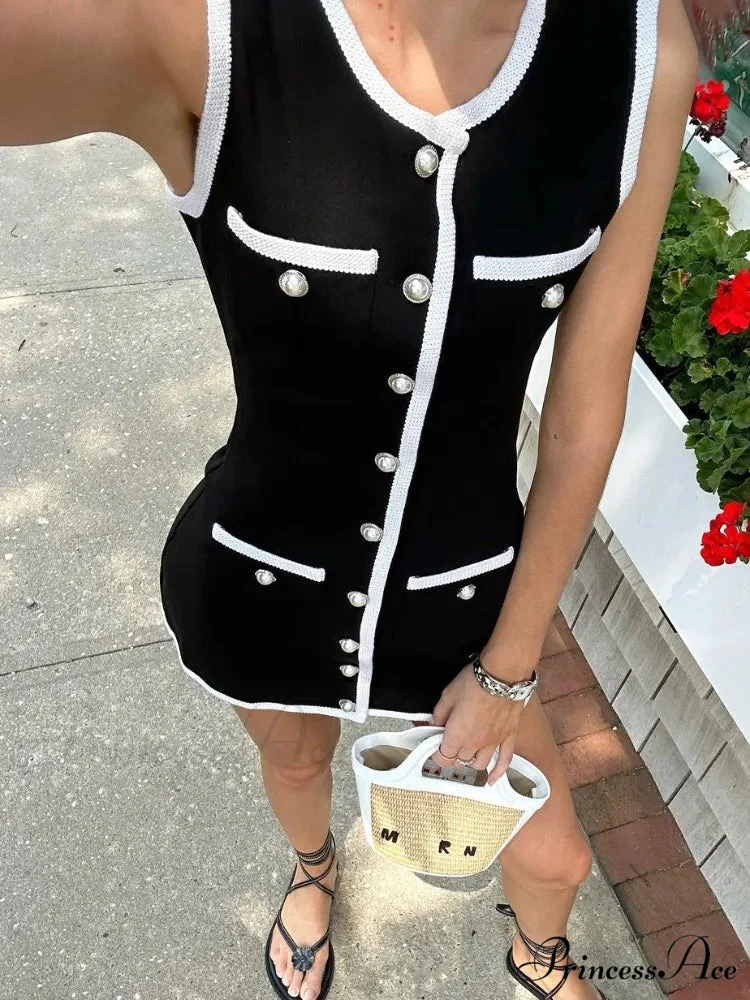 Black Sleeveless Contrast Charming Buttoned Mini Dress - Image 2