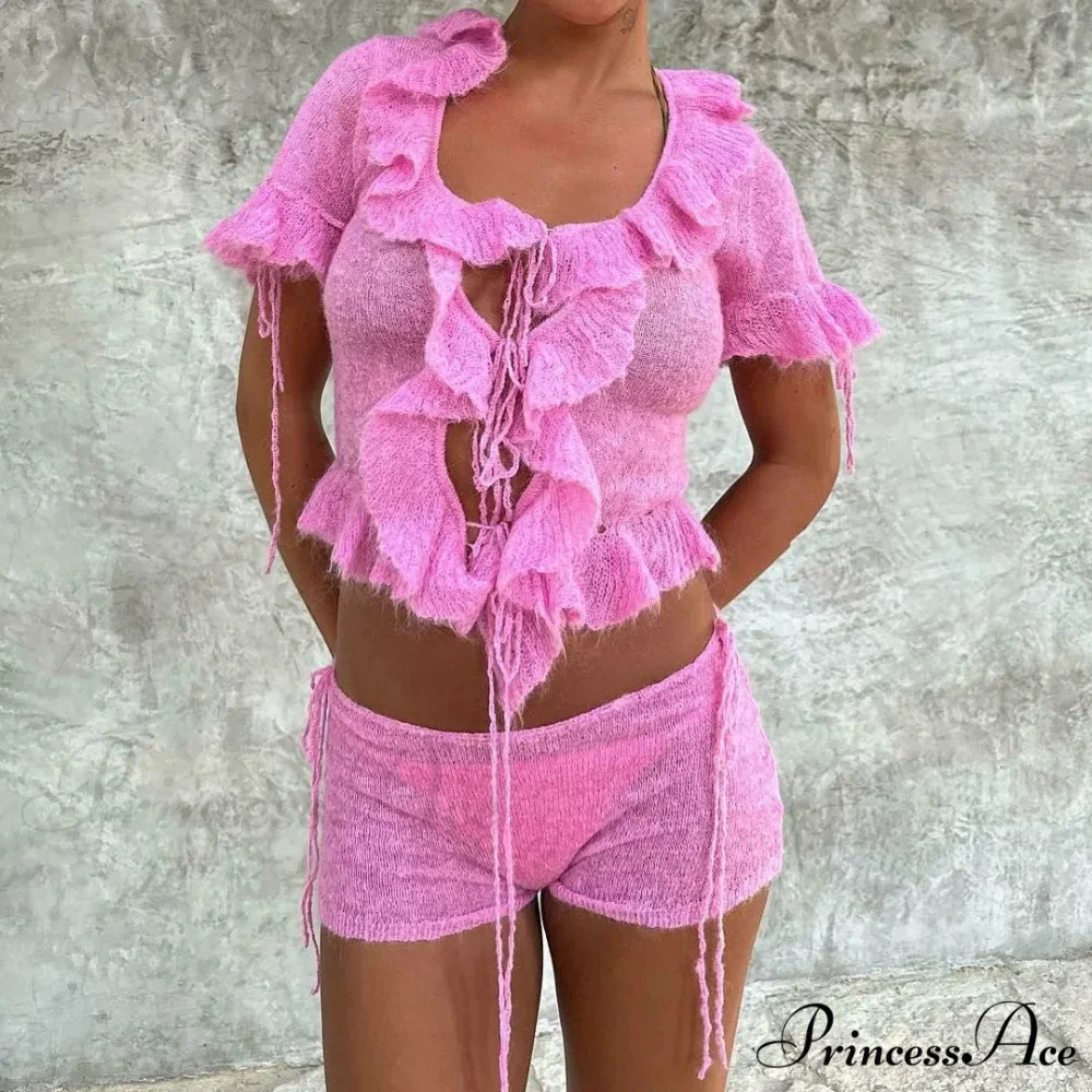 Pink Ruffles Sheer Charming Top And Shorts Set