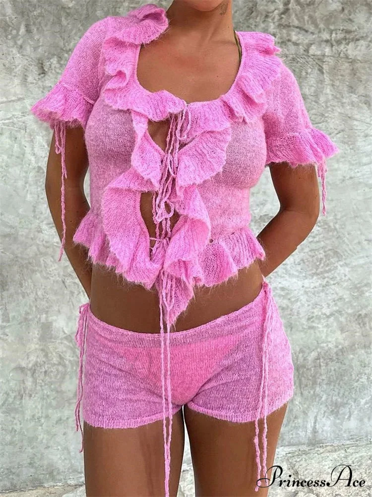Pink Ruffles Sheer Charming Top And Shorts Set - Image 2