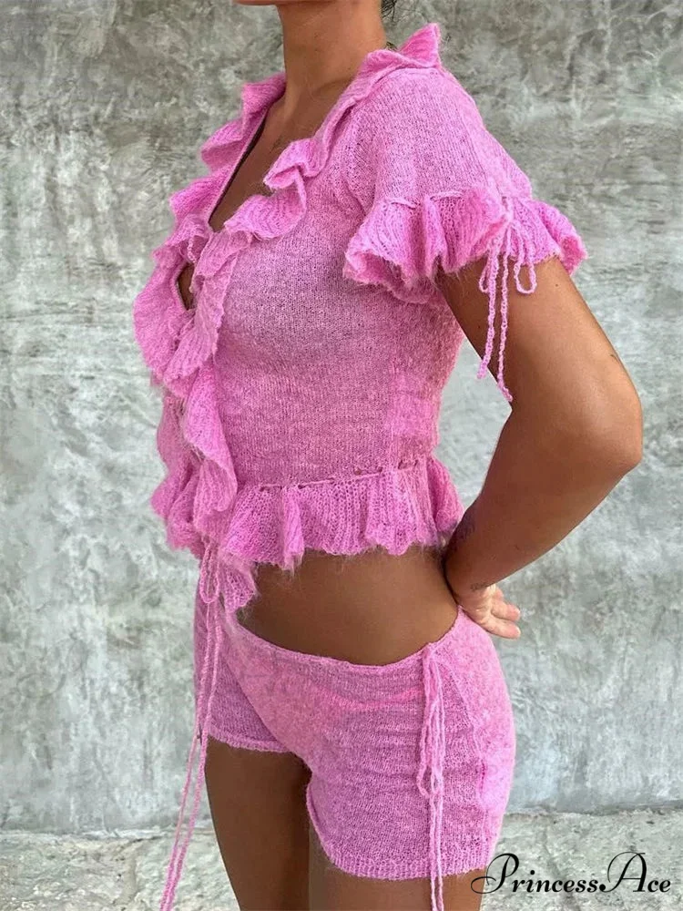 Pink Ruffles Sheer Charming Top And Shorts Set - Image 3