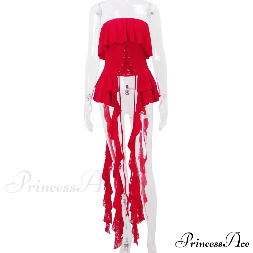 Red Ruffled Lace Charming Up Tube Top - Image 3