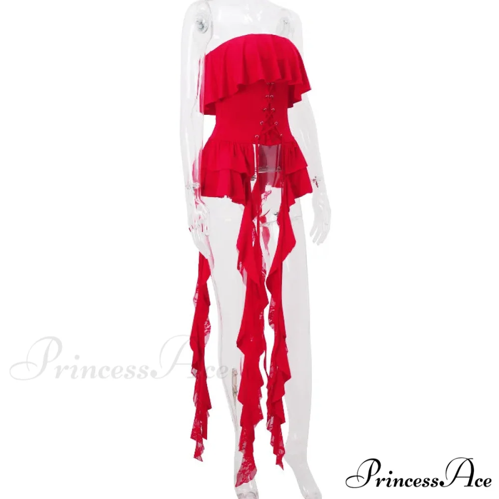 Red Ruffled Lace Charming Up Tube Top - Image 4