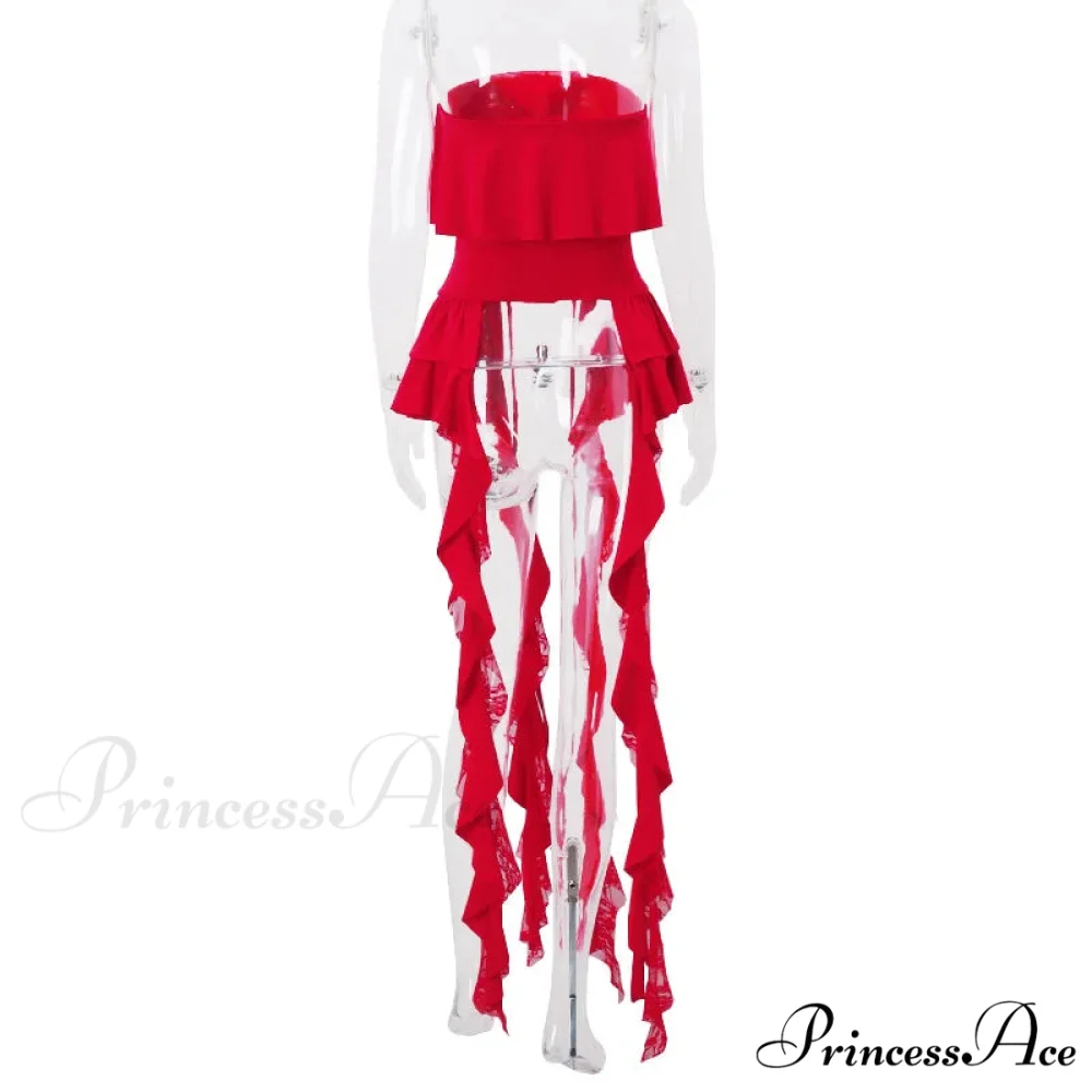 Red Ruffled Lace Charming Up Tube Top - Image 5