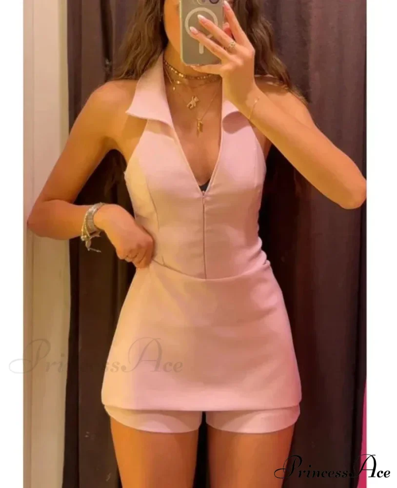 Pink Halter Sleeveless Charming Top And Skort Set - Image 3