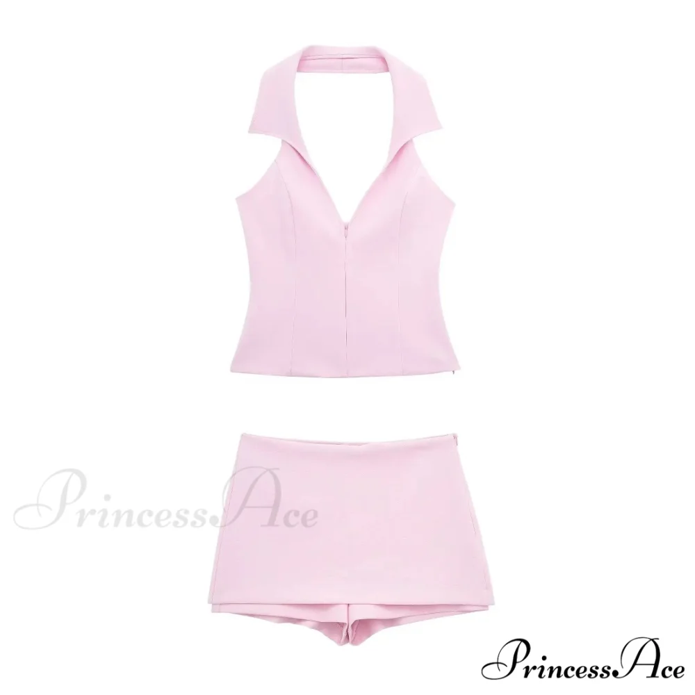 Pink Halter Sleeveless Charming Top And Skort Set - Image 6