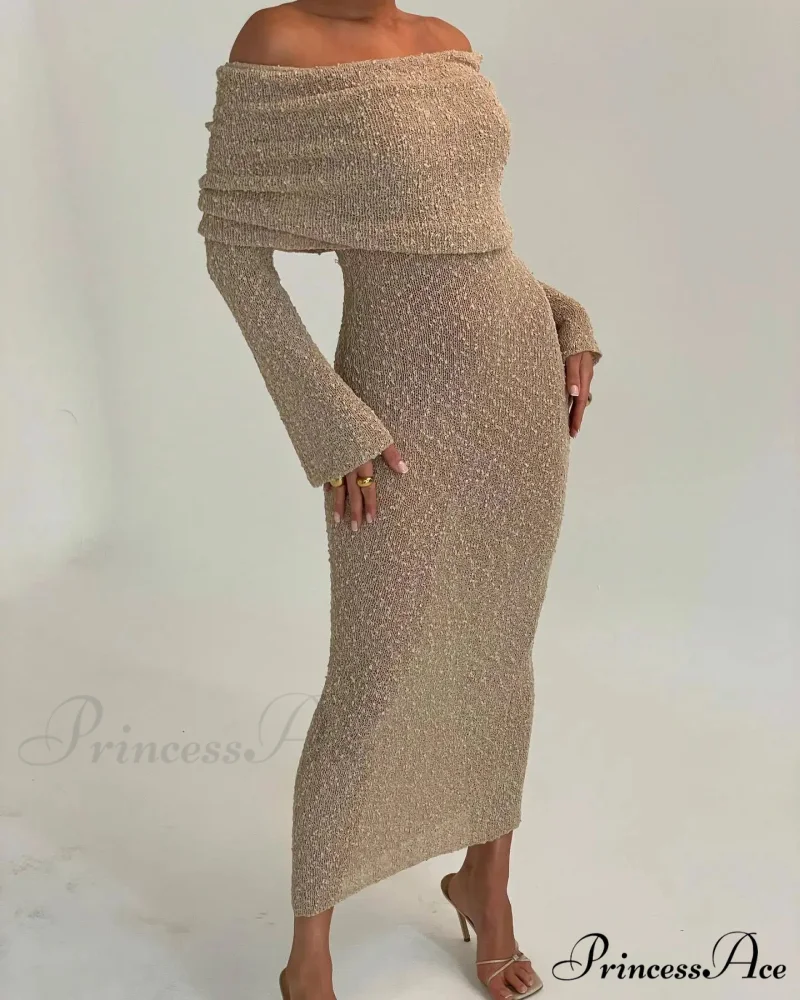 Knit Off-Shoulder Long Charming Sleeve Maxi Dress - Image 10