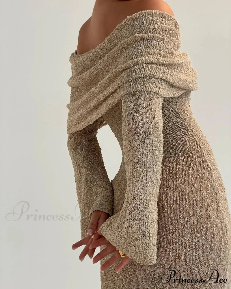 Knit Off-Shoulder Long Charming Sleeve Maxi Dress - Image 11