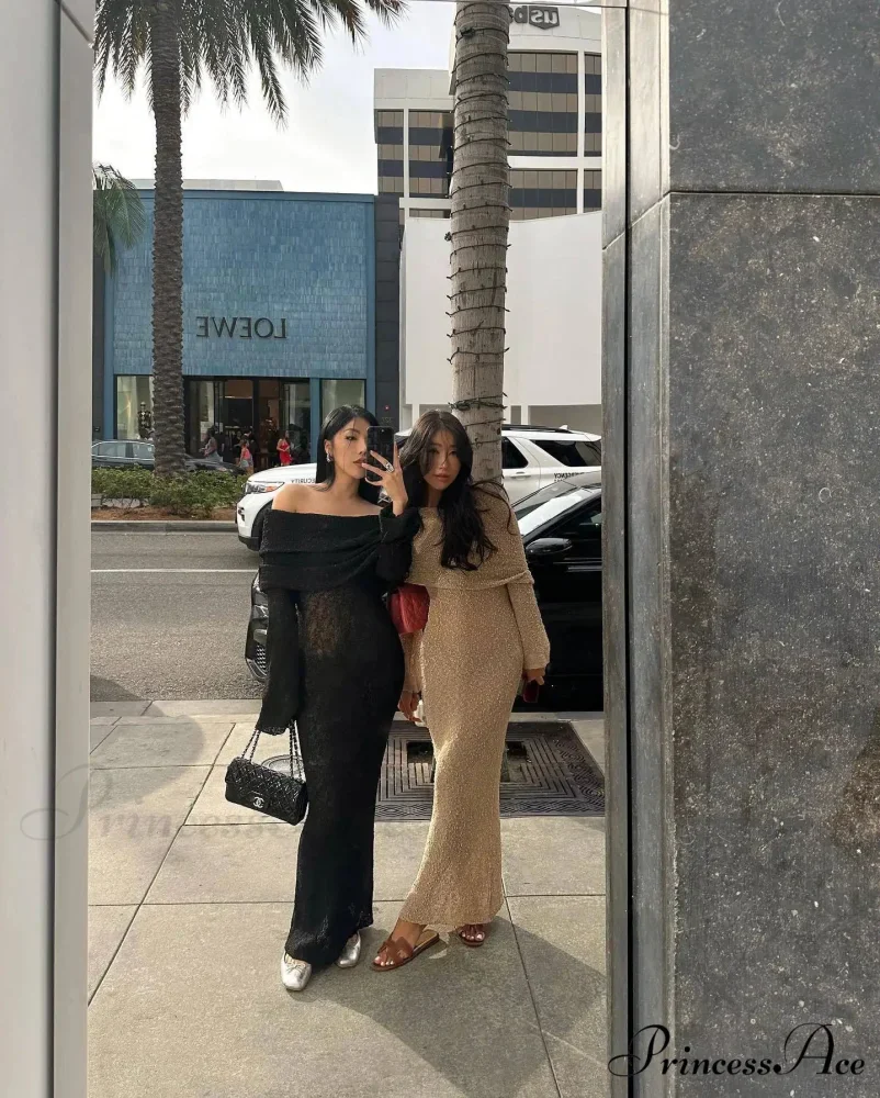 Knit Off-Shoulder Long Charming Sleeve Maxi Dress - Image 14
