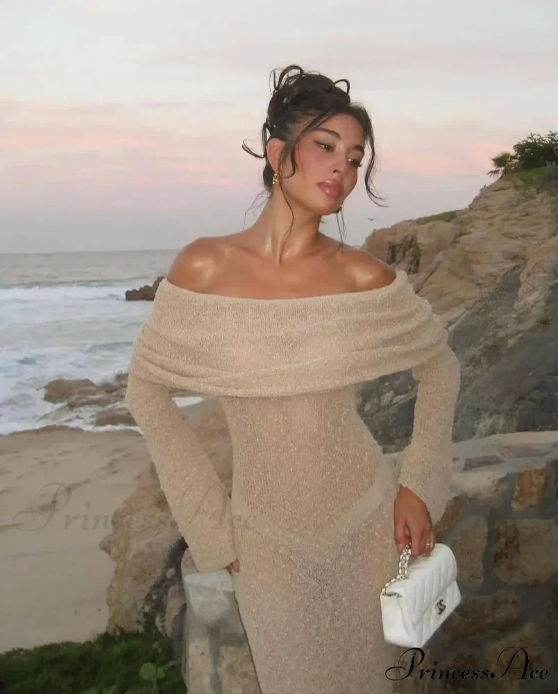 Knit Off-Shoulder Long Charming Sleeve Maxi Dress - Image 16