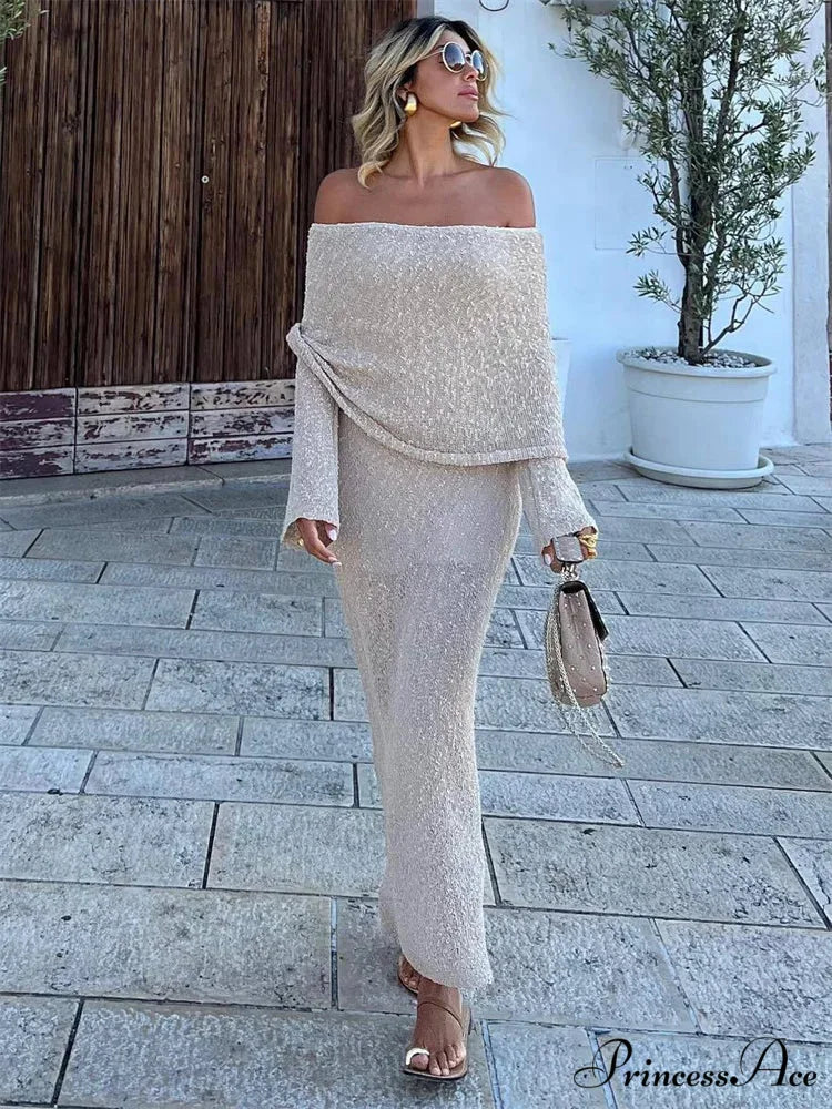 Knit Off-Shoulder Long Charming Sleeve Maxi Dress - Image 2