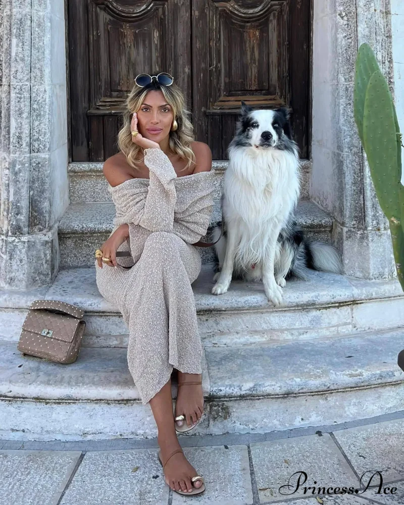 Knit Off-Shoulder Long Charming Sleeve Maxi Dress - Image 21