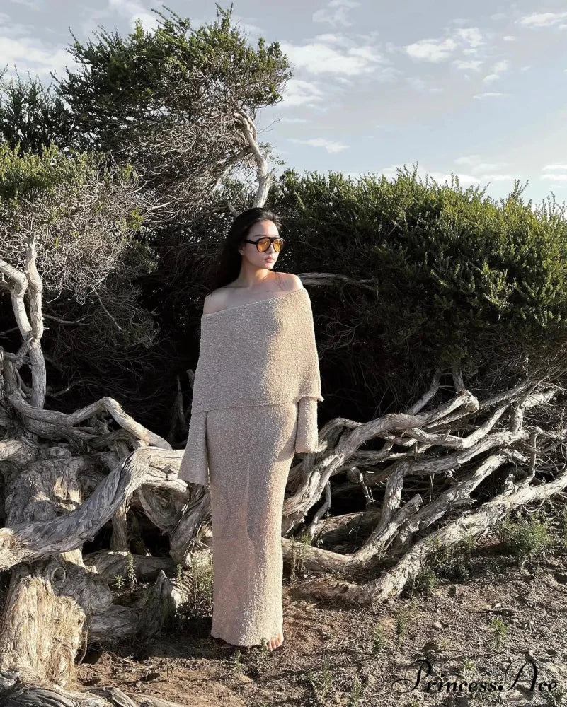 Knit Off-Shoulder Long Charming Sleeve Maxi Dress - Image 22