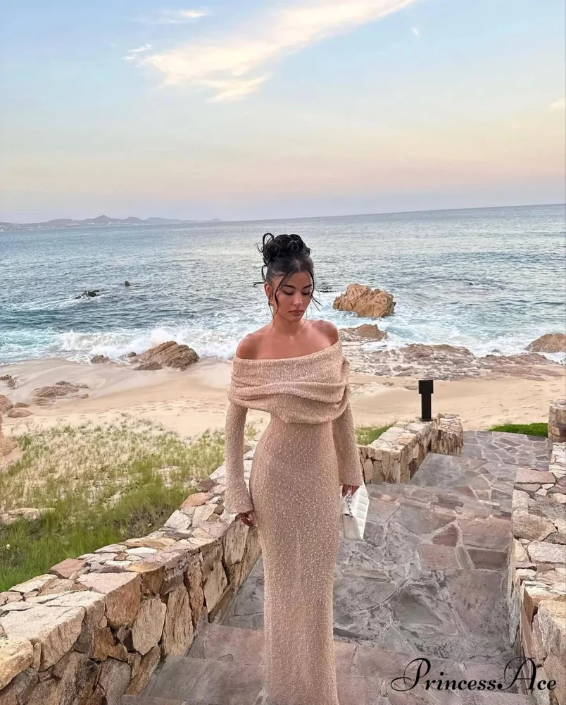 Knit Off-Shoulder Long Charming Sleeve Maxi Dress - Image 23