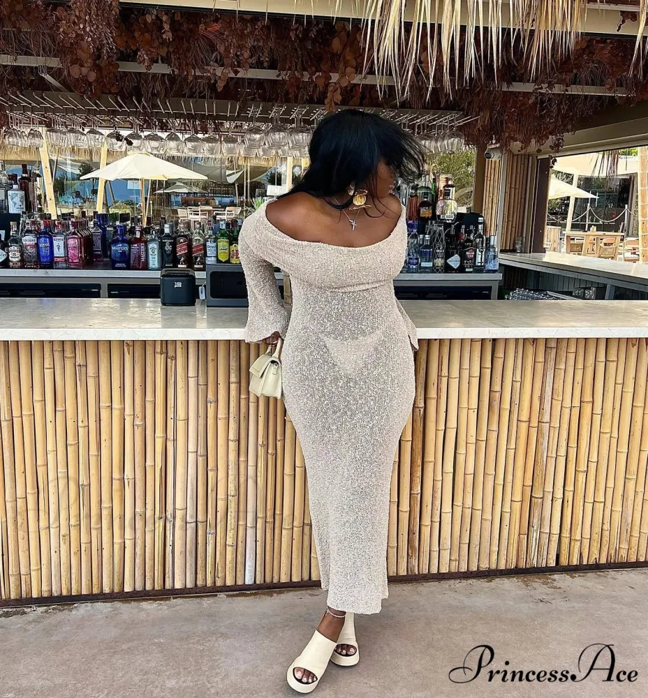 Knit Off-Shoulder Long Charming Sleeve Maxi Dress - Image 24