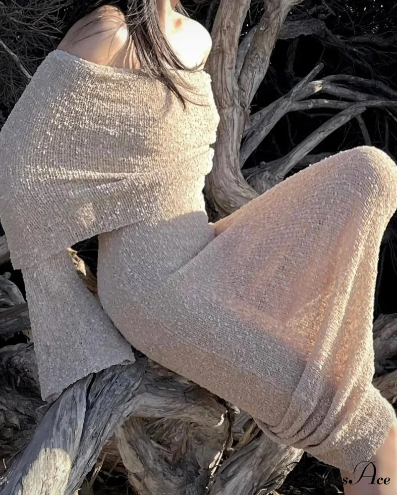 Knit Off-Shoulder Long Charming Sleeve Maxi Dress - Image 26