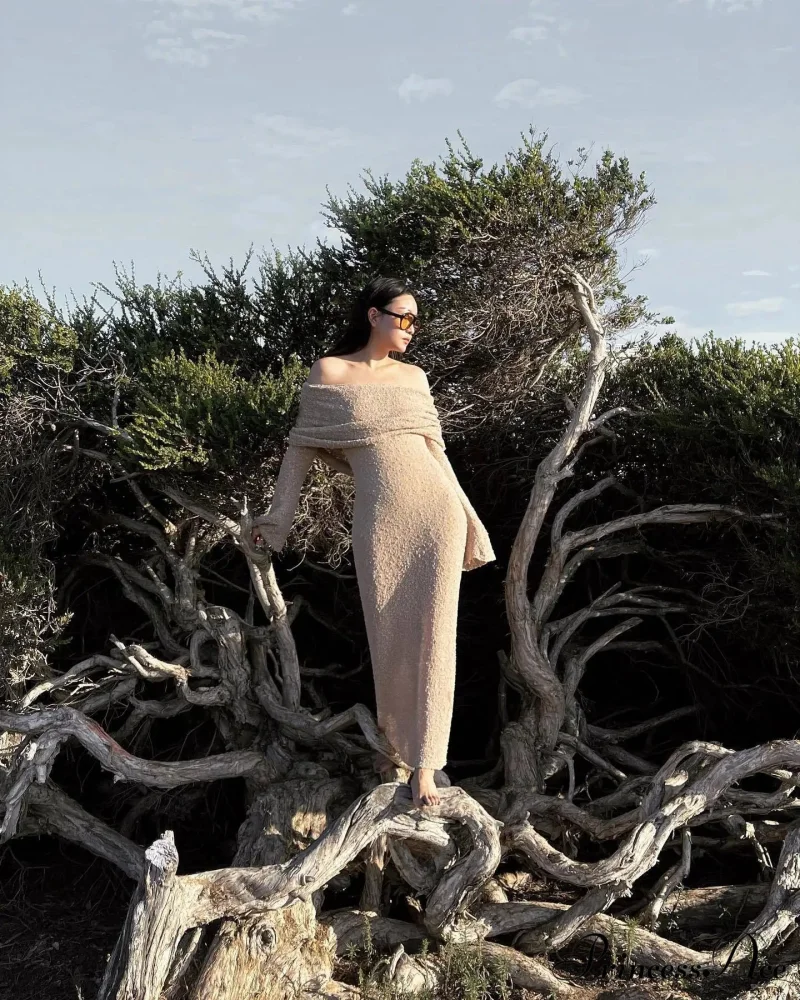 Knit Off-Shoulder Long Charming Sleeve Maxi Dress - Image 27