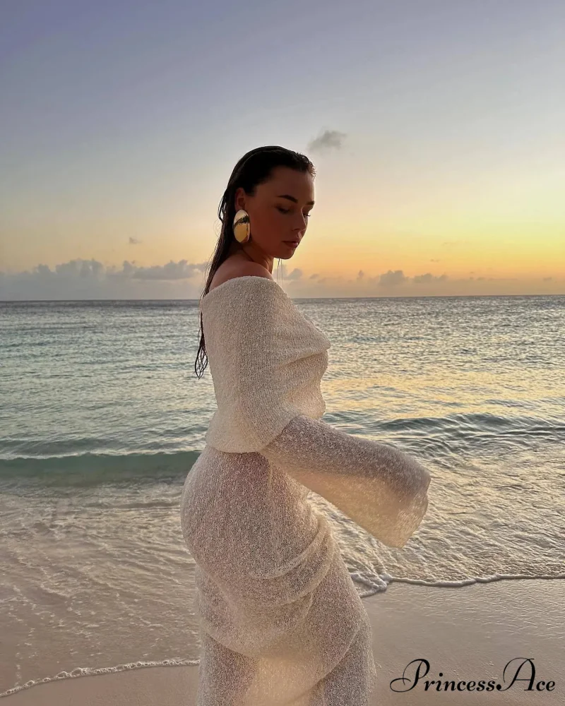 Knit Off-Shoulder Long Charming Sleeve Maxi Dress - Image 28