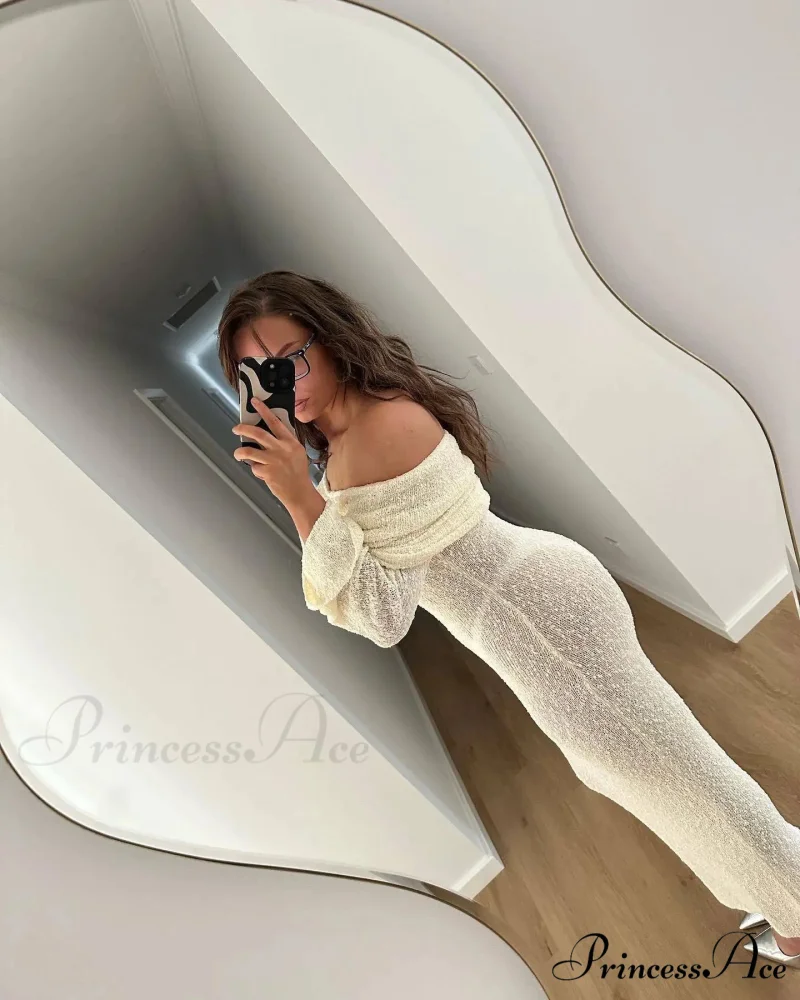 Knit Off-Shoulder Long Charming Sleeve Maxi Dress - Image 29