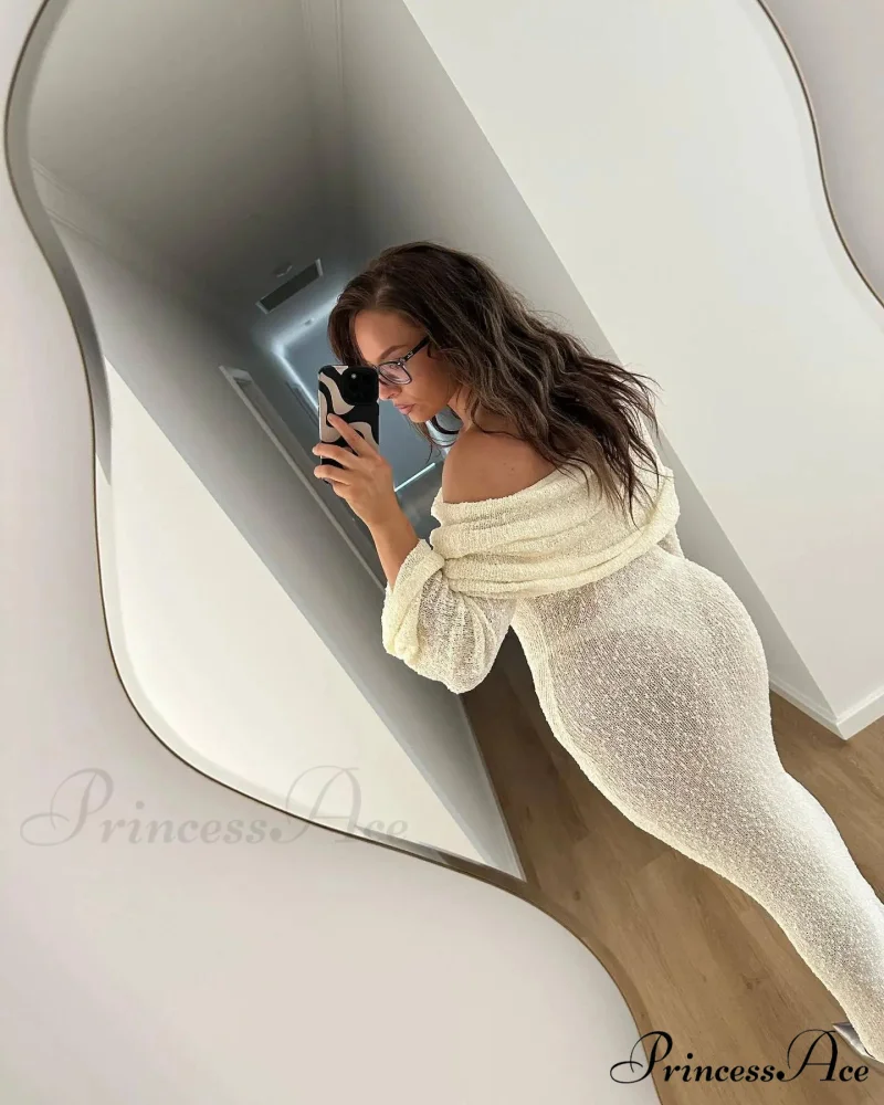 Knit Off-Shoulder Long Charming Sleeve Maxi Dress - Image 32