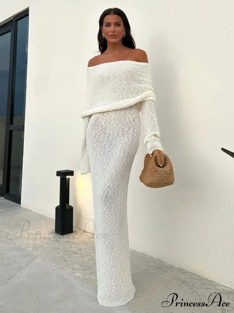 Knit Off-Shoulder Long Charming Sleeve Maxi Dress - Image 4