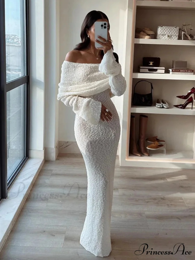 Knit Off-Shoulder Long Charming Sleeve Maxi Dress - Image 5