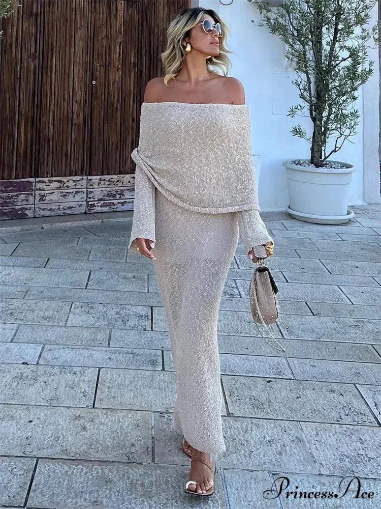Knit Off-Shoulder Long Charming Sleeve Maxi Dress - Image 6