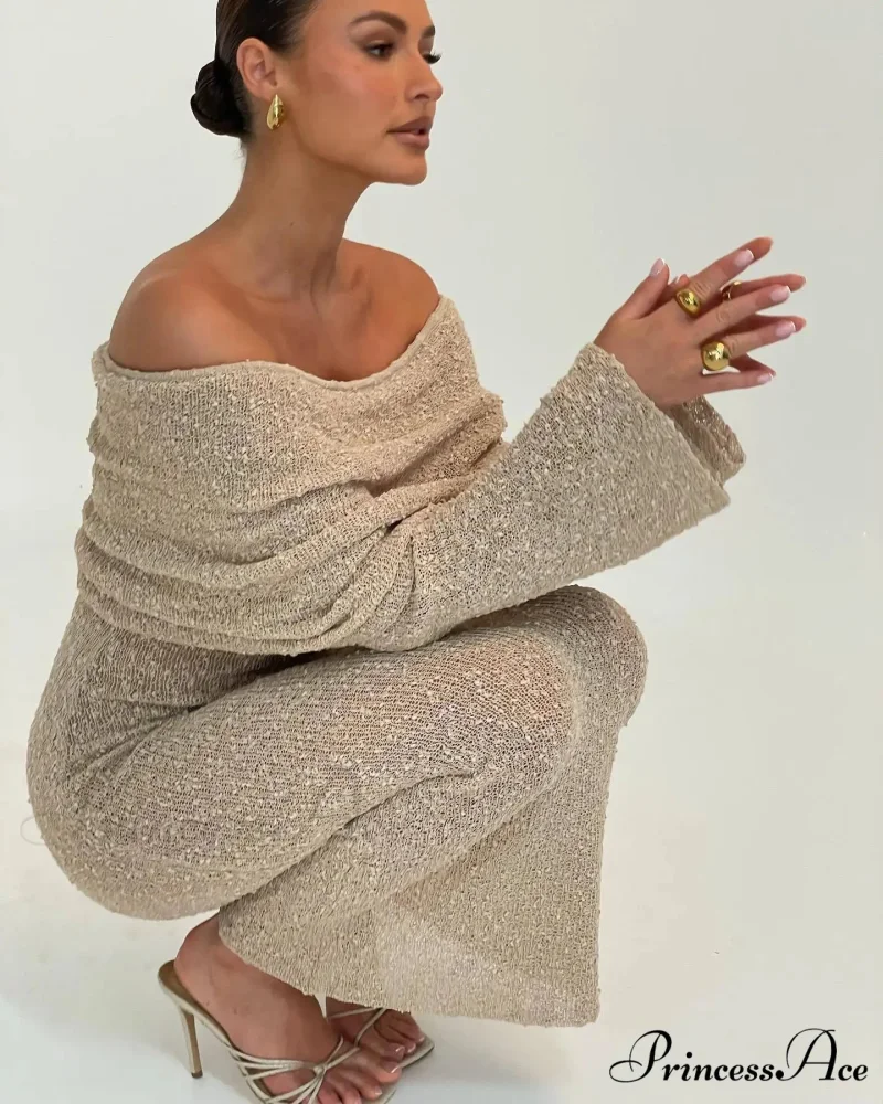 Knit Off-Shoulder Long Charming Sleeve Maxi Dress - Image 9